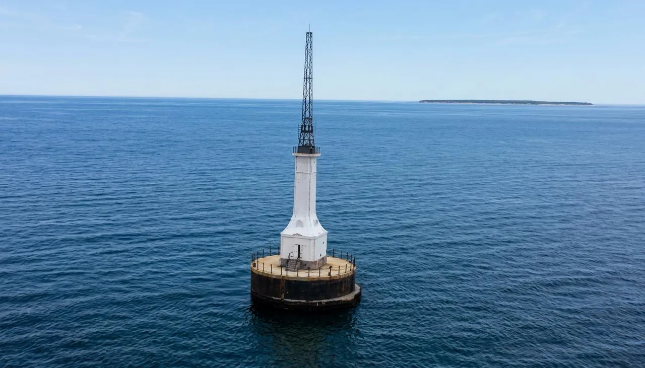 Gravelly Shoal Lighthouse in open water, a white tower on a round dark base with a black steel skeleton mast above the lantern position.