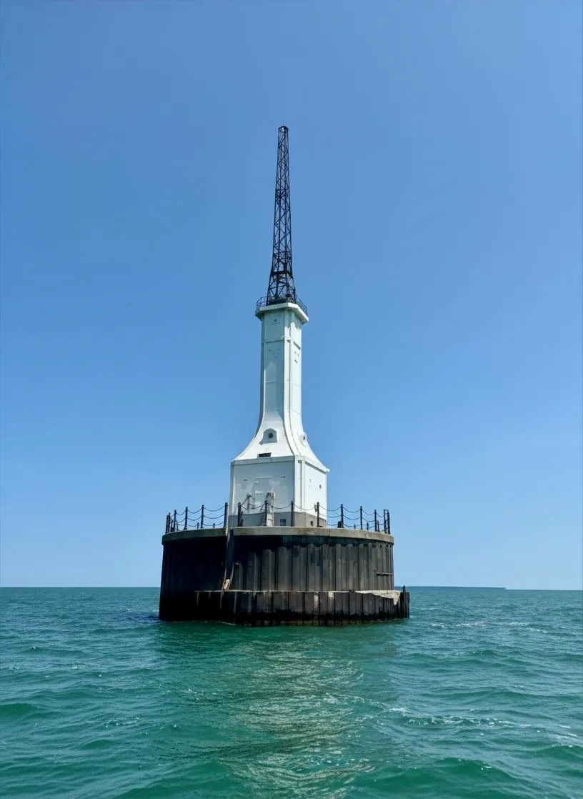 Gravelly Shoal Lighthouse from the water, a tall white tower with a black steel mast on a dark round pier, against a blue sky.