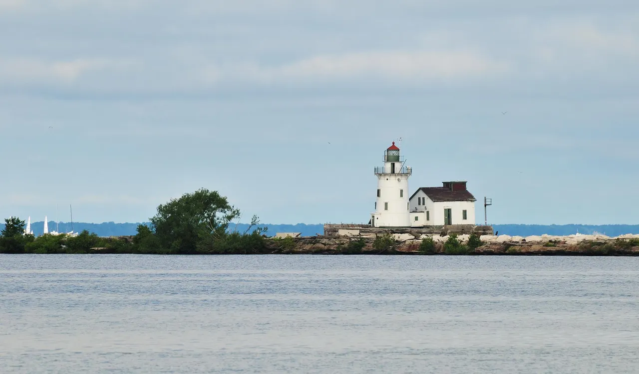 The lighthouse in the distance on the breakwater across open water, with a green tree on the shore beside it.
